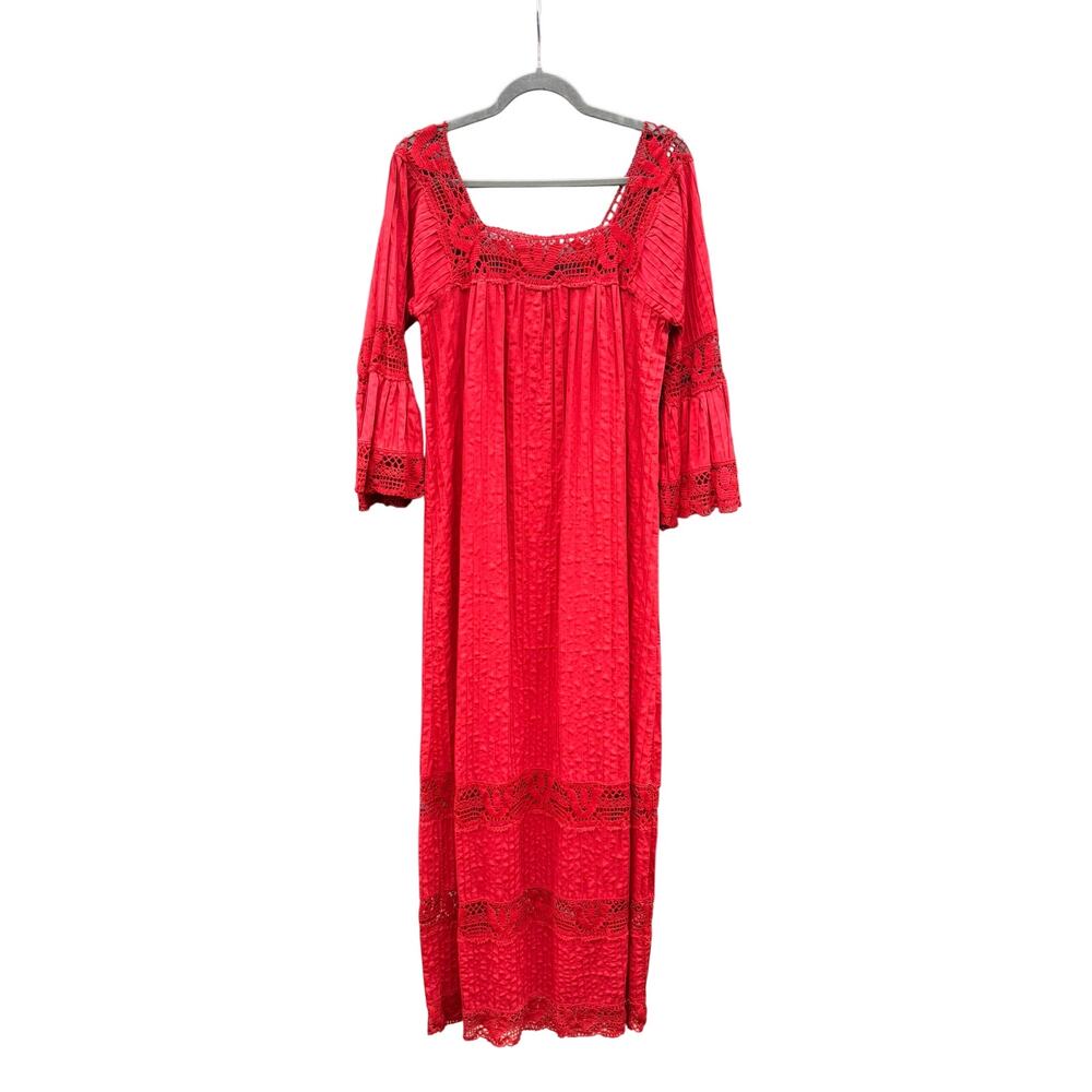 Vintage Mexican Red Embroidered & Crochet Lace Maxi Dress Medium M